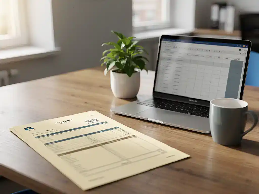 Opgeruimd bureau van een salarisadministrateur met loonstrook, laptop met spreadsheet en koffiemok in zacht natuurlijk licht.