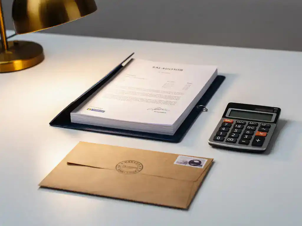 Salarisadministrateur bureau met loonstrookmap, rekenmachine en officieel gestempelde envelop in warm amberkleurig licht.