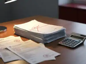 Stapel salarisadministratie documenten op bureau met rode correctiemark, rekenmachine en arbeidscontracten in warm lamplicht.