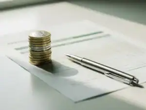 Stapeltje euromunten naast een salarisadministratiedocument op een wit bureau, met een pen diagonaal op het papier.