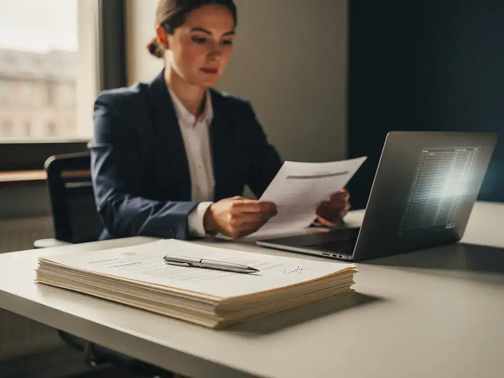 Salarisadministrateur bekijkt loonstroken en arbeidscontracten aan modern bureau met laptop met spreadsheets, zacht natuurlijk licht.