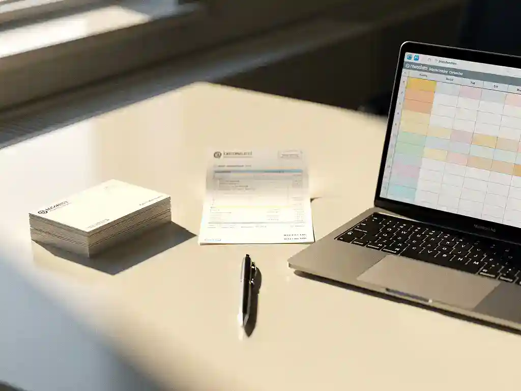 Georganiseerd bureau van een salarisadministrateur met loonstrook, laptop met spreadsheet en arbeidscontracten in zacht natuurlijk licht.