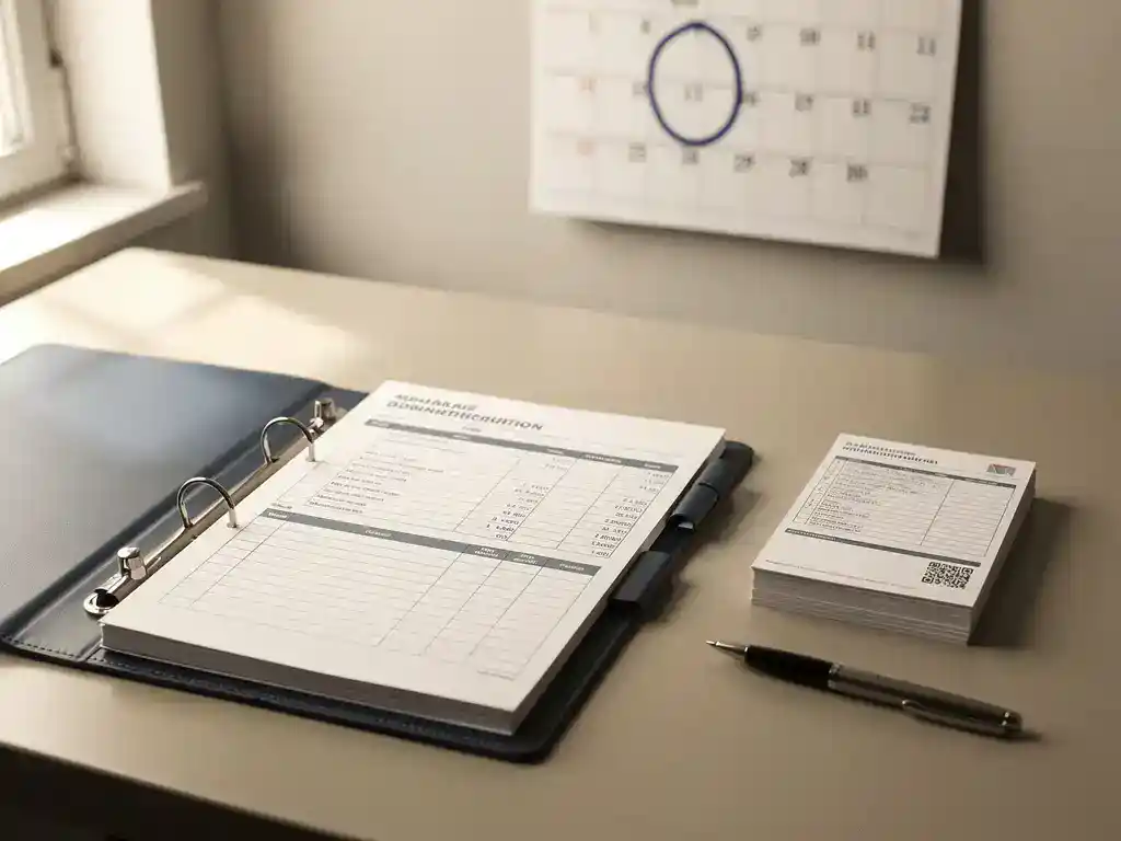 Open salarisadministratiemap op kantoorbureau met pen, geprinte loonstroken en wandkalender met omcirkelde deadline.