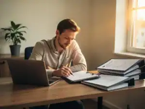 Ondernemer aan houten bureau met salarisadministratiemap, laptop en arbeidscontracten in warm middaglicht.