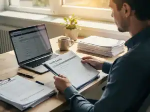 Ondernemer bekijkt loonadministratiemap aan modern bureau met laptop en arbeidscontracten, warm middaglicht.