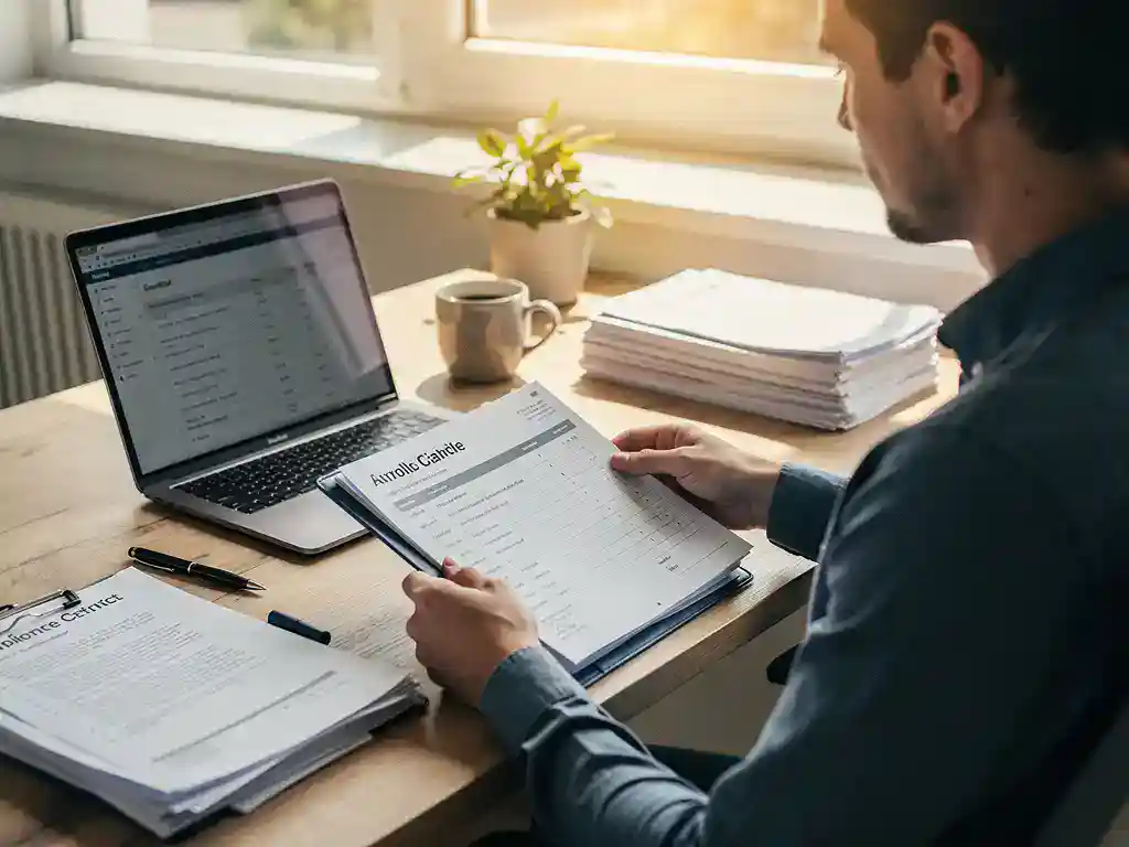 Ondernemer bekijkt loonadministratiemap aan modern bureau met laptop en arbeidscontracten, warm middaglicht.