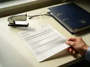 Nederlandse werkgever houdt loonstrookdocument vast aan bureau met nietmachine, leesbril en officiële mappen in warm kantoorlicht.