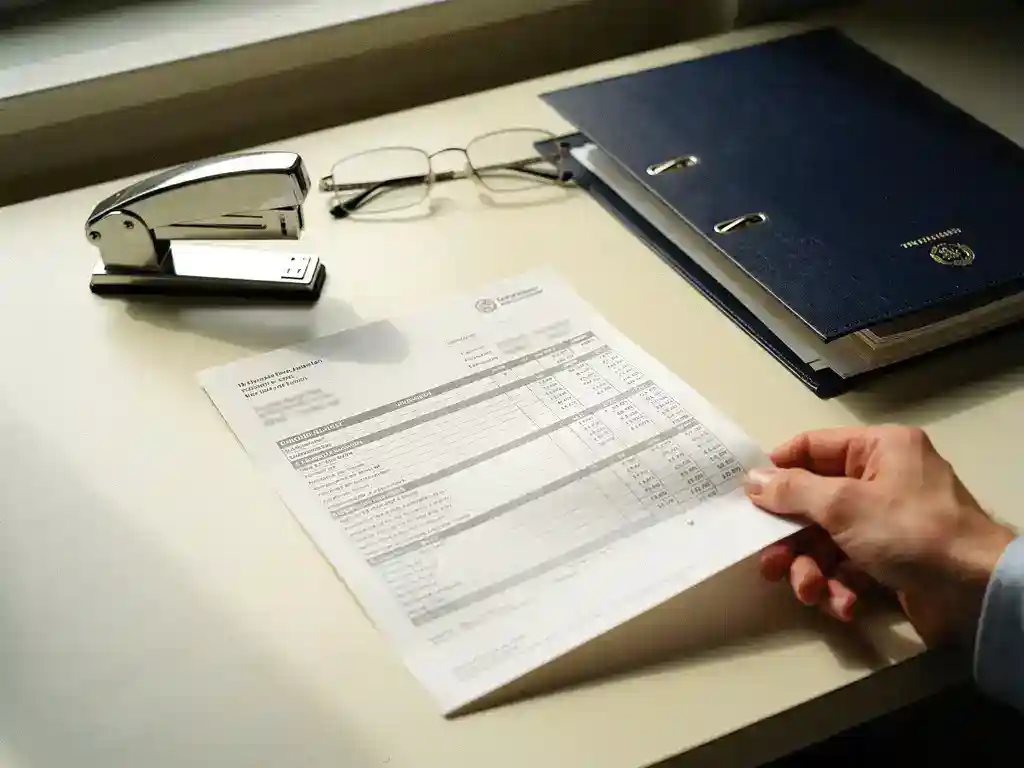 Nederlandse werkgever houdt loonstrookdocument vast aan bureau met nietmachine, leesbril en officiële mappen in warm kantoorlicht.