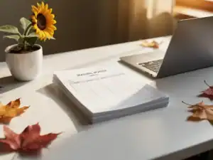 Bureau van salarisadministrateur met tijdschrift van seizoenswerker, kleine zonnebloem en herfstbladeren in warm goudkleurig licht.