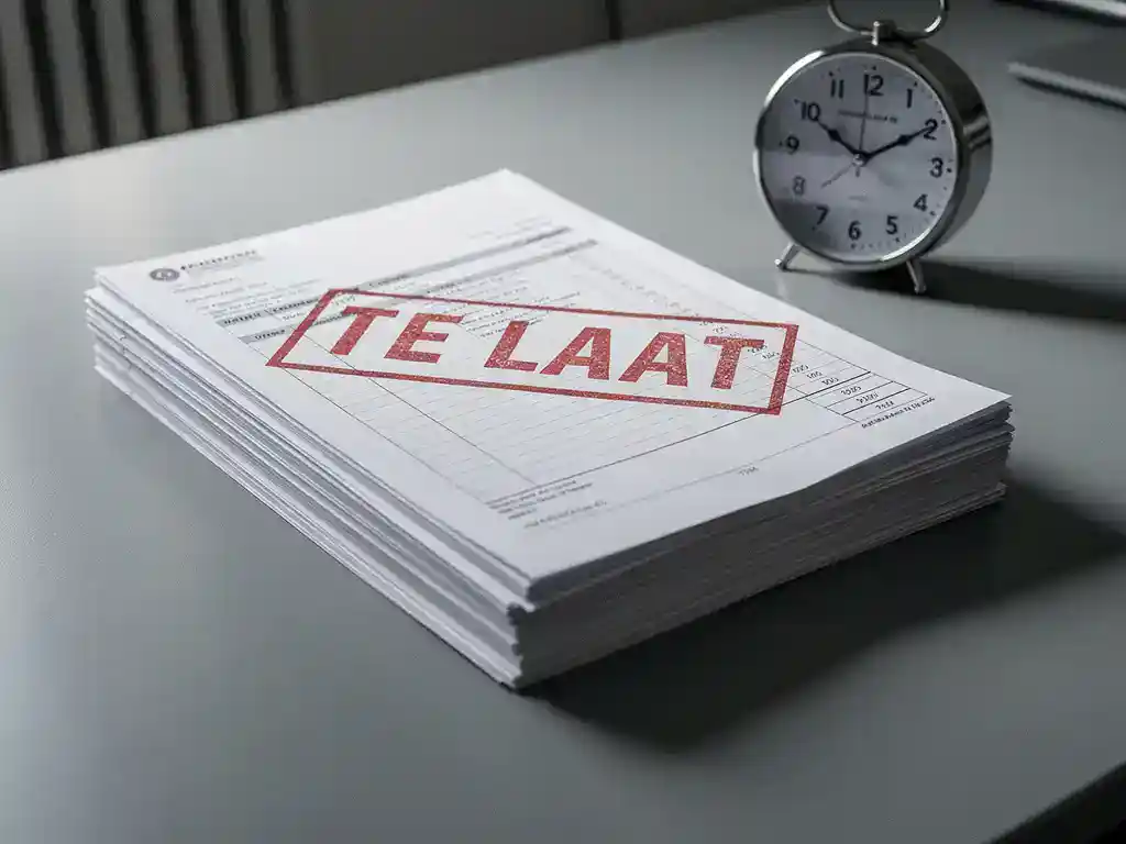 Stapel salarisadministratie documenten met rood "TE LAAT" stempel op kantoorbureau, analoge klok op de achtergrond.