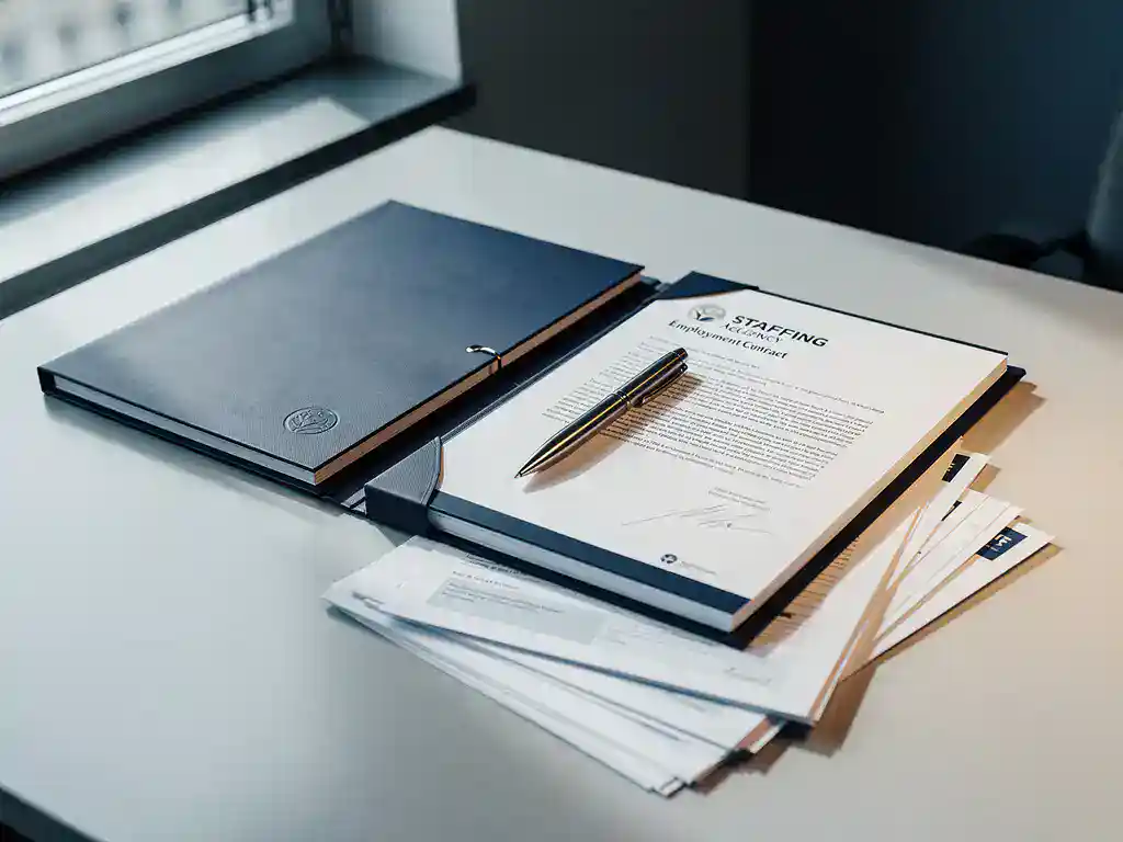 Arbeidscontract en uitzendbureau-dossier naast elkaar op modern bureau, pen liggend over beide documenten, zacht daglicht.
