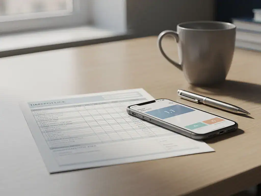 Loonstrook en smartphone met werkuren op kantoorbureau, met koffiekop en pen in warm natuurlijk licht.