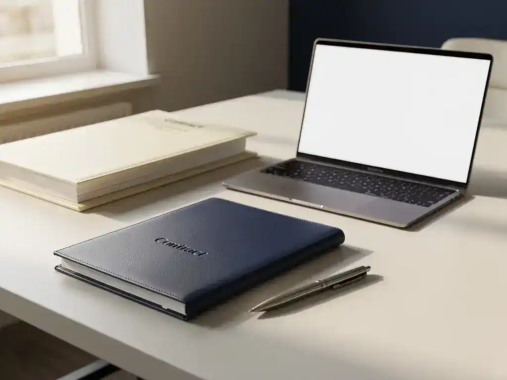 Opgeruimd bureau met arbeidscontract, salarisoverzicht en pen naast laptop, gesymboliseerd administratief gemak in warme kantooromgeving.