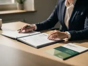 Werkgever bekijkt payrollcontract op modern kantoor, met recruitmentbrochure terzijde, warm natuurlijk raam licht.