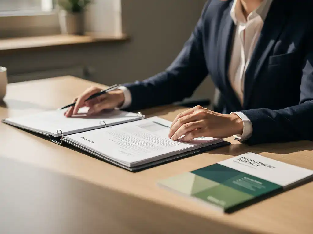 Werkgever bekijkt payrollcontract op modern kantoor, met recruitmentbrochure terzijde, warm natuurlijk raam licht.