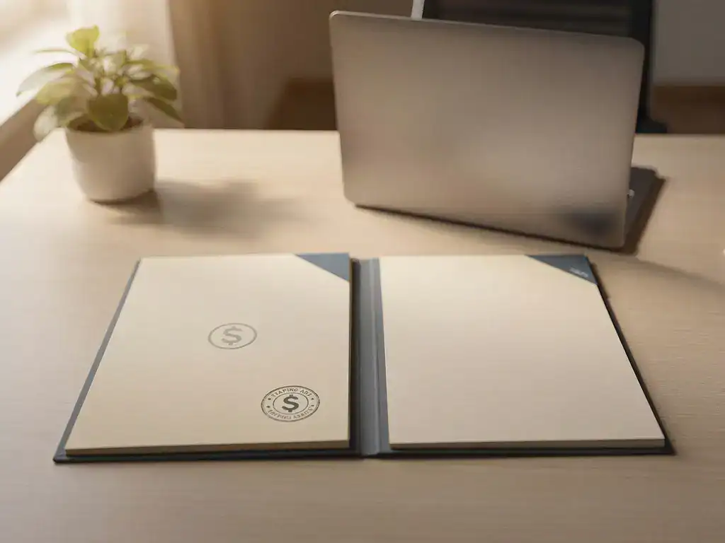 HR-bureau met twee personeelsmappen naast elkaar — één met loonstrook en één van uitzendbureau — op modern werkblad met laptop en plant.