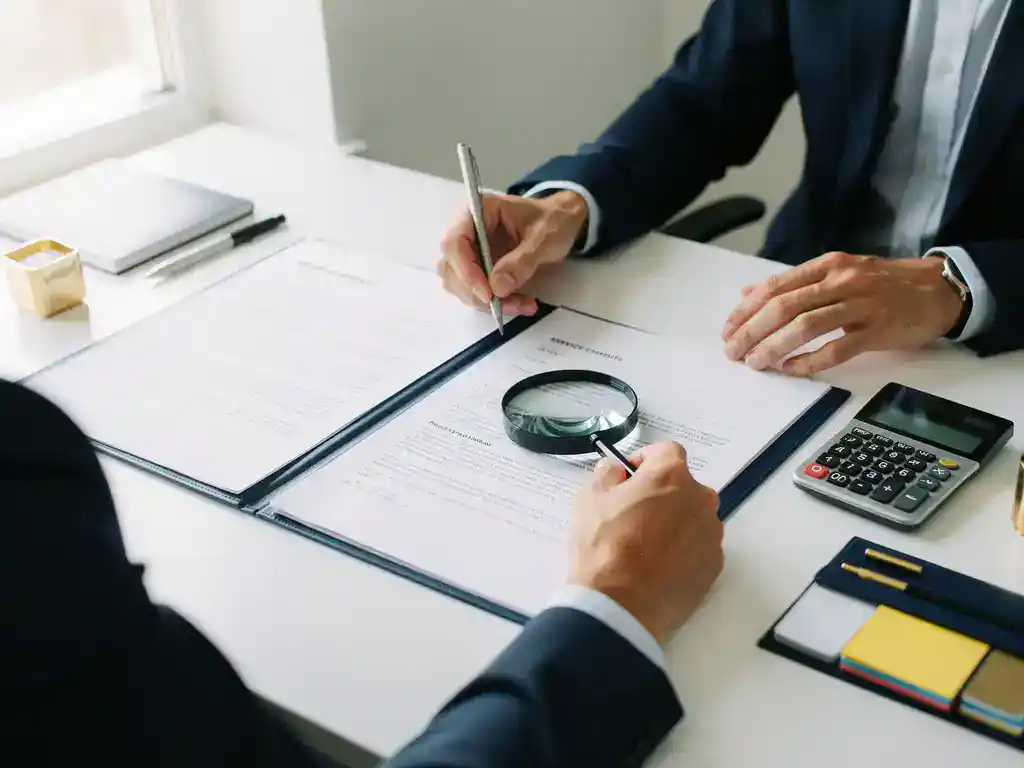 Zakenman vergelijkt twee servicecontracten op modern bureau met vergrootglas, calculator en ordermappen in marineblauw kantoor.