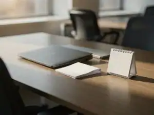 Opgevouwen ziekmelding naast gesloten laptop op kantoorbureau, met kalender en zacht natuurlijk raamlicht.