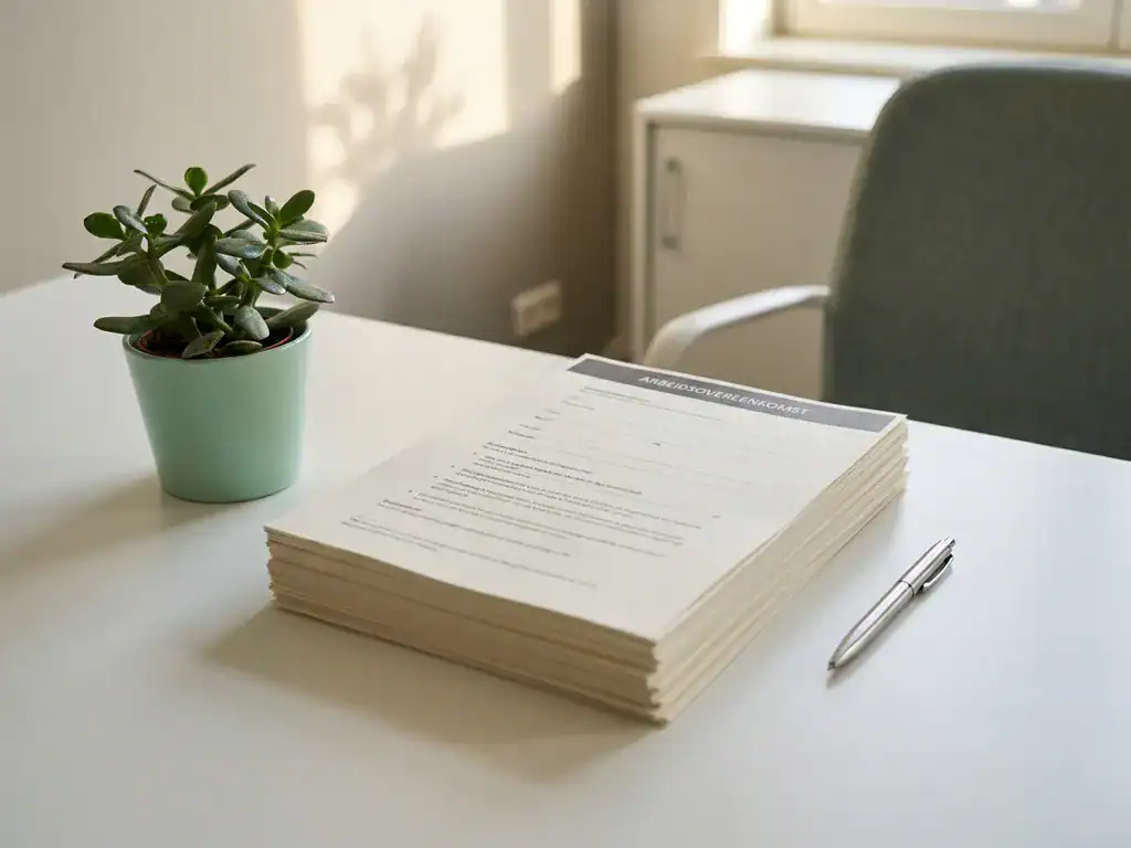 Nederlands arbeidscontract op wit bureau naast groene kamerplant en zilveren pen, zachte natuurlijke belichting.