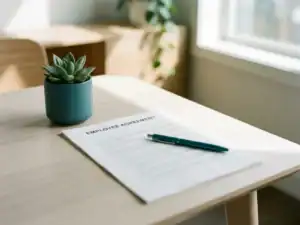 Arbeidscontract op modern bureau naast kleine kamerplant, met pen erop, in zacht natuurlijk licht.