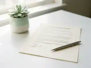Ondertekend arbeidscontract op wit bureau met zilveren pen en kleine vetplant in zacht ochtendlicht.