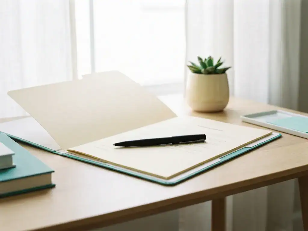 Open arbeidscontract map op modern bureau met zwarte pen, kleine vetplant op achtergrond, zacht tint- en ivoorkleurig licht.