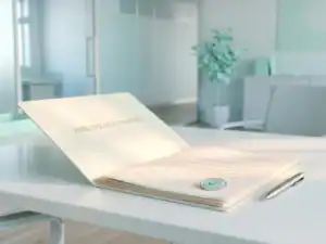Open arbeidsovereenkomst op wit bureau met certificeringsbadge en pen, mintgroene kantooromgeving met natuurlijk raamlicht.