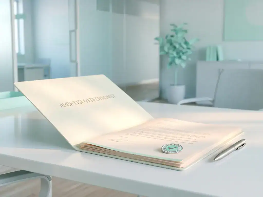Open arbeidsovereenkomst op wit bureau met certificeringsbadge en pen, mintgroene kantooromgeving met natuurlijk raamlicht.