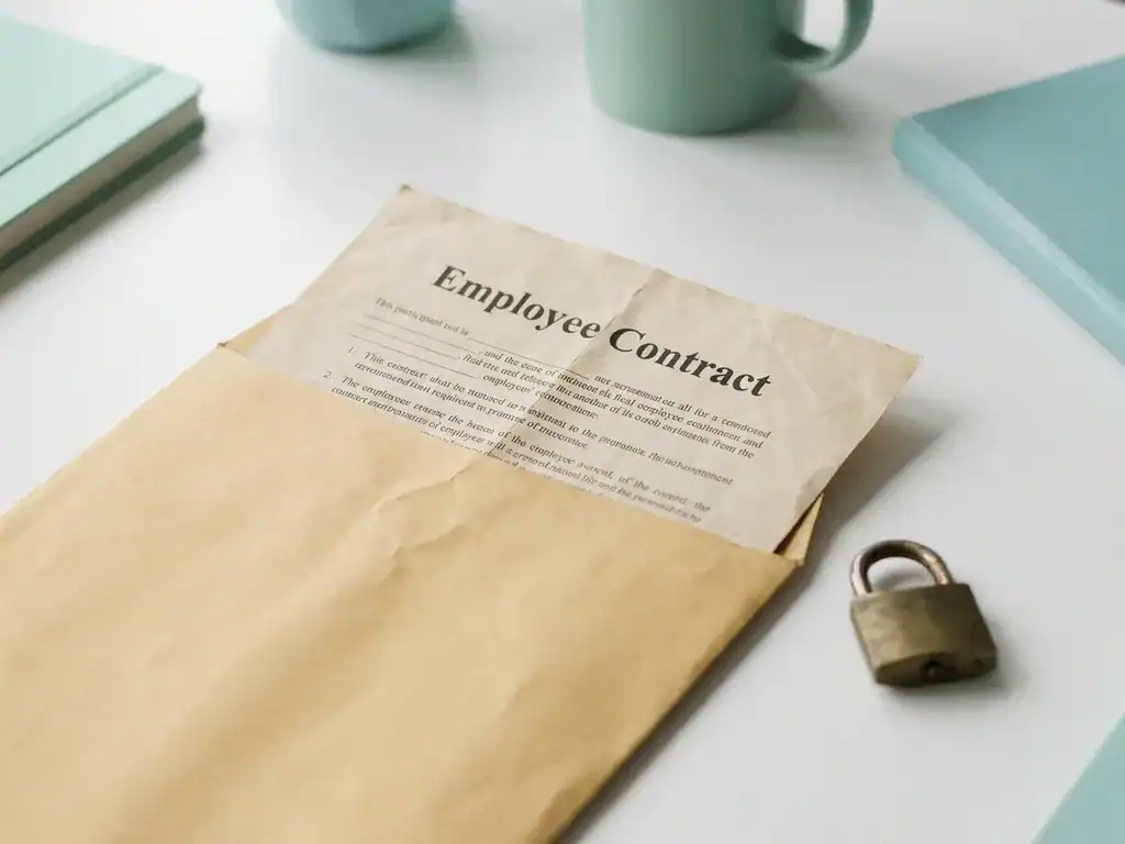 Verkreukeld arbeidscontract half in een manila envelop op wit bureau, met een klein hangslotje ernaast in mint- en tealtinten.