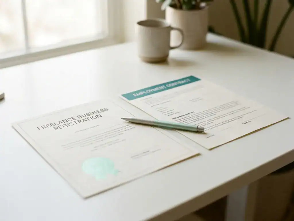 Arbeidscontract en freelance inschrijvingsbewijs naast elkaar op wit bureau met pen, symboliseert keuze tussen loondienst en zzp.