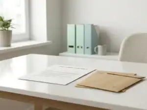Arbeidscontract op wit bureau naast twee gelijke loonzakjes, één met vinkje, symbool voor gelijke beloning in Nederlandse werkomgeving.