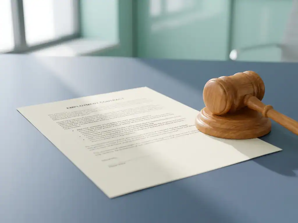 Arbeidscontract op modern bureau met houten hamer ernaast, in koele blauw-groene tinten met warm ivoor, professionele sfeer.