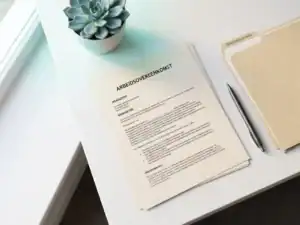 Nederlands arbeidscontract op wit bureau naast HR-mappen en pen, omringd door een succulent in mint- en tealtinten.
