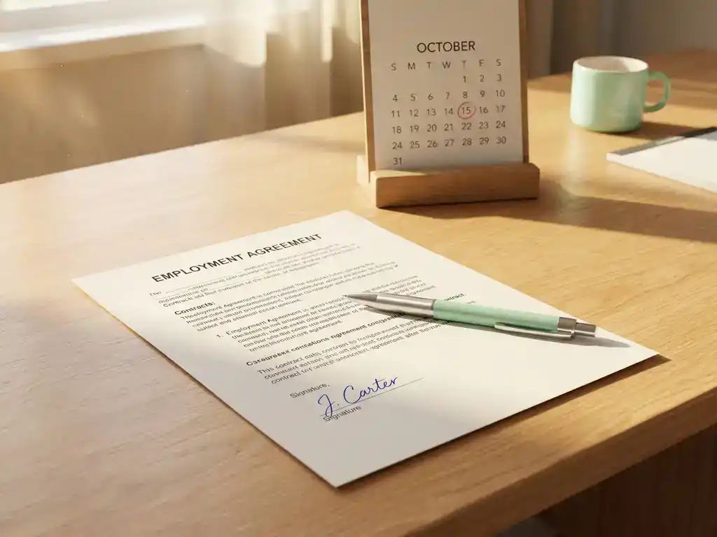 Ondertekend arbeidscontract op modern bureau met pen en kalender, warm natuurlijk zijlicht, professionele sfeer.