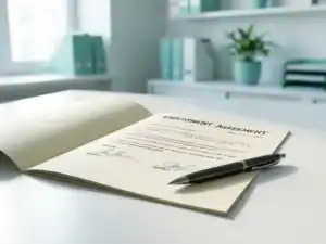 Ondertekend arbeidscontract op modern bureau met pen, zachte natuurlijke belichting, professionele kantooromgeving op de achtergrond.