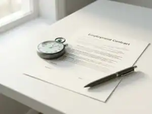Arbeidscontract op wit bureau naast een analoog stopwatch en pen, symboliseert juridische structuur en tijdsbeheer.