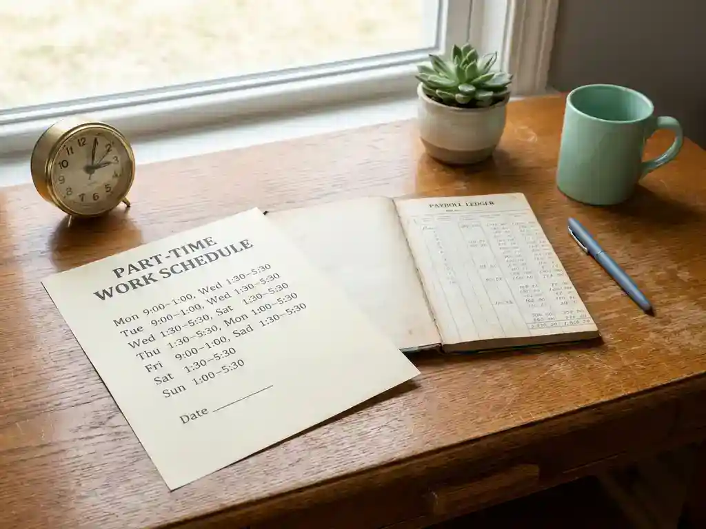 Eikenhouten bureau met deeltijdrooster, analoge klok en loonboek naast een kamerplant in zacht natuurlijk licht.