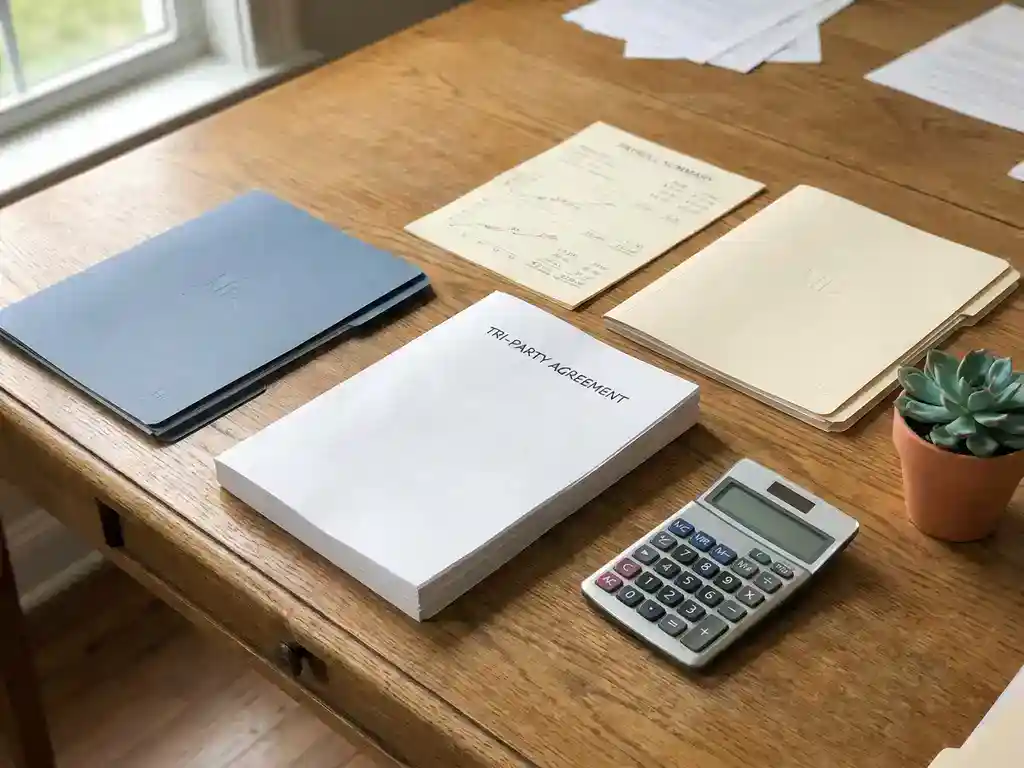Eikenhouten bureau met driepartijencontract, twee mappensets en salarisoverzicht in koel leisteenblauw en warm crèmelicht.