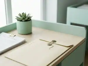 Verzegelde manila envelop met messing sluiting naast arbeidscontract op modern Nederlands bureau, zachte natuurlijke belichting.