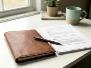 Leren portfolio en arbeidsovereenkomst naast elkaar op wit bureau, verbonden door één pen, in zacht mintgroen en warm wit licht.
