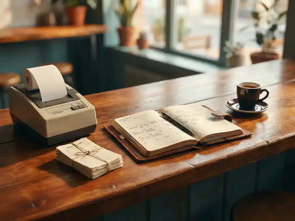 Café kassabon printer, loonstrookjes en leren planningsagenda op houten bartafel naast espressokopje, warm amberkleurig licht.