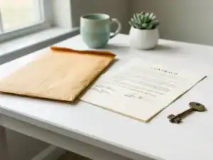 Verzegelde manila envelop, ondertekend huurcontract en sleutel op wit bureau, symboliseren vertrek of woningopzegging.