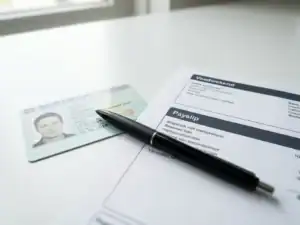 Nederlands identiteitsbewijs en loonstrook naast elkaar op wit bureau met zwarte pen, zachte natuurlijke belichting.