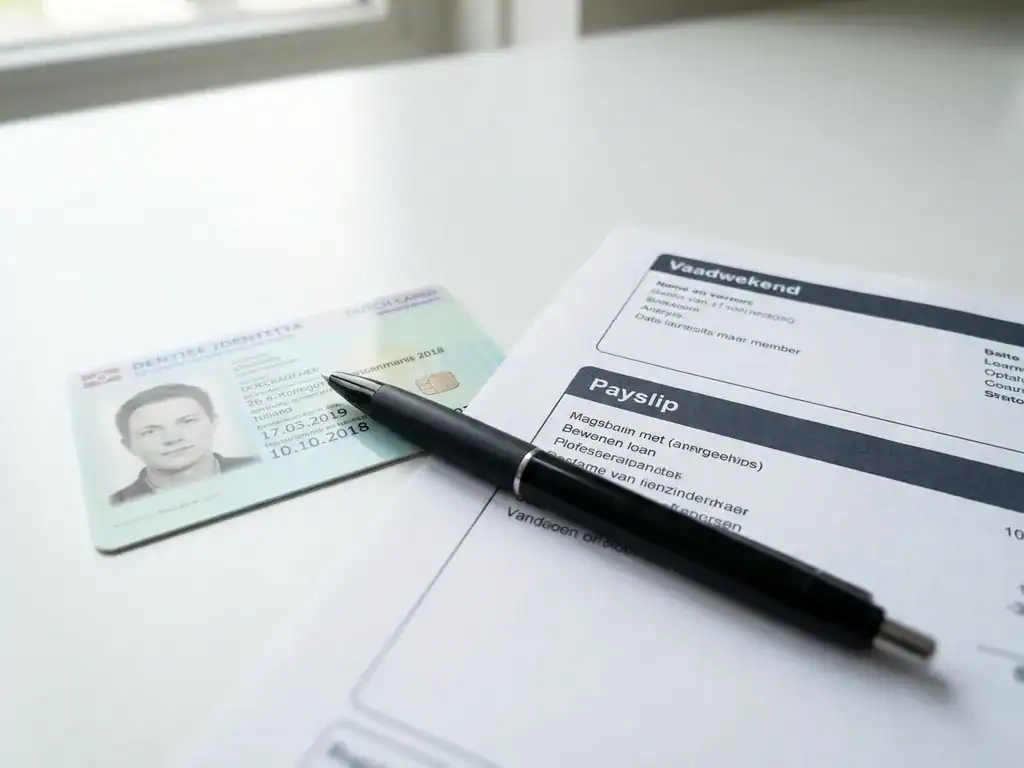Nederlands identiteitsbewijs en loonstrook naast elkaar op wit bureau met zwarte pen, zachte natuurlijke belichting.