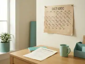 Versleten papieren kalender aan kantoorwand met afgestreepte dagen, arbeidscontract op licht eikenhouten bureau in warm natuurlijk licht.