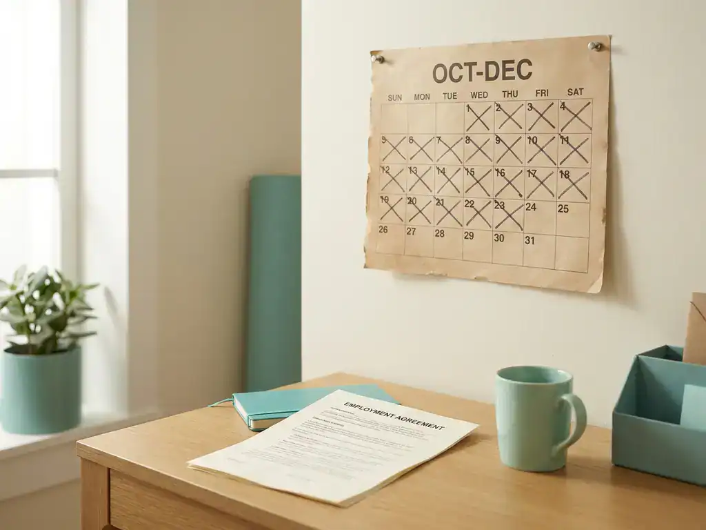 Versleten papieren kalender aan kantoorwand met afgestreepte dagen, arbeidscontract op licht eikenhouten bureau in warm natuurlijk licht.
