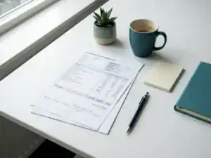 Loonheffingsfactor berekening op wit bureau met salarisoverzicht, mechanisch potlood en kleine vetplant in zakelijke kantooromgeving.