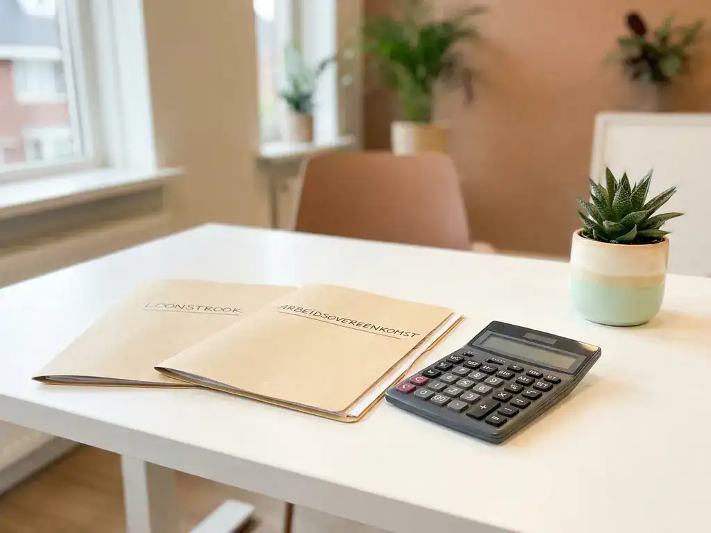 Nette HR-bureautafel met loonstrook en arbeidscontract in manilamappen, rekenmachine en vetplantje in zacht natuurlijk licht.