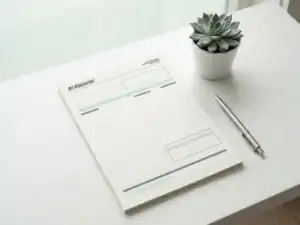 Loonstrook op wit bureau naast zilveren pen en kleine vetplant, gefotografeerd van bovenaf in zacht natuurlijk licht.