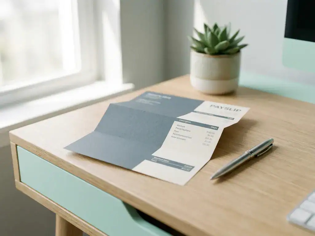 Loonstrook op modern bureau naast zilveren pen, met succulentplant op de achtergrond in zacht natuurlijk licht.